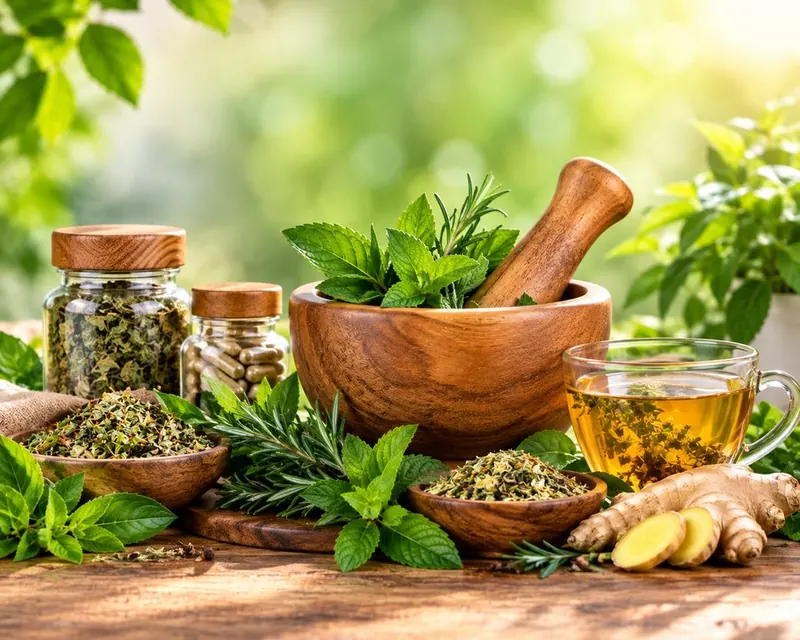 Wellness guidance with fresh herbs, a wooden mortar and pestle and herbal tea