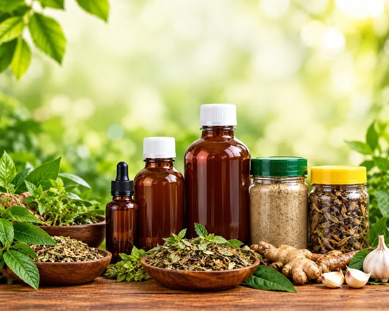 Traditional herbal preparations: amber bottles, tinctures and dried herbs