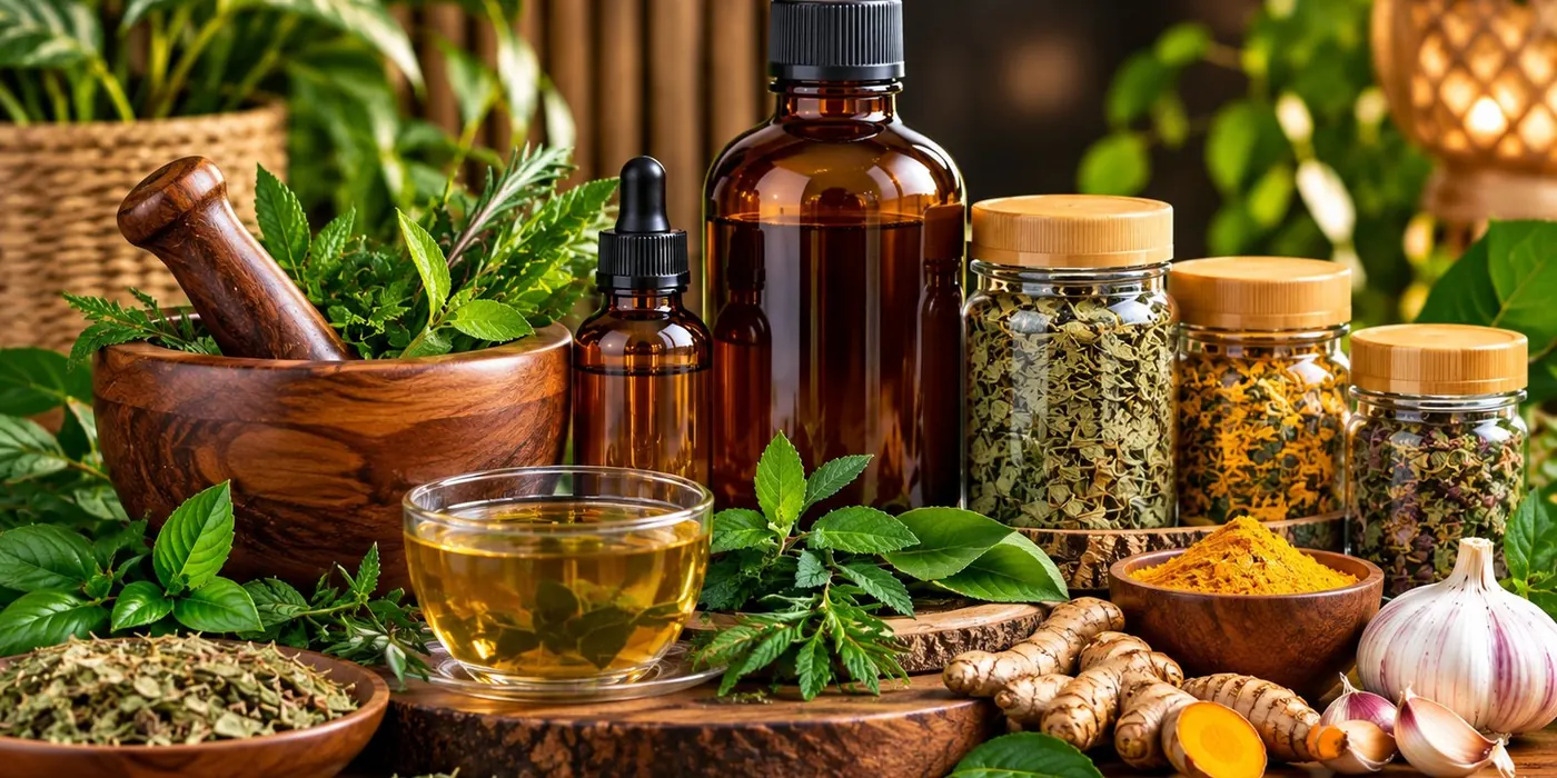 Herbal preparations: mortar and pestle, amber bottles and dried herbs