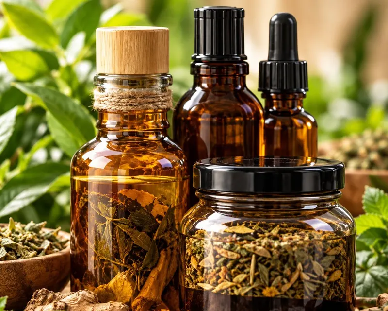Amber bottles of traditional herbal preparations and dried herbs