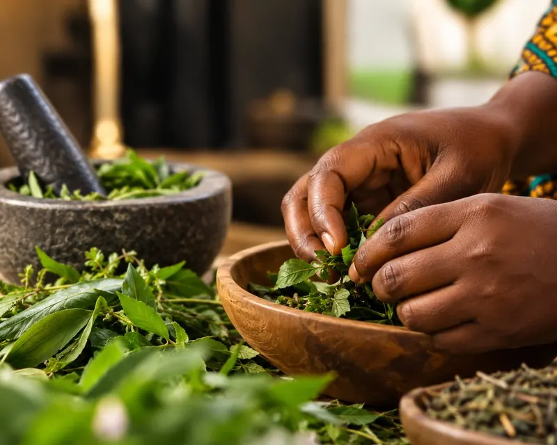 Herbal practitioner preparing fresh medicinal leaves in a wooden bowl